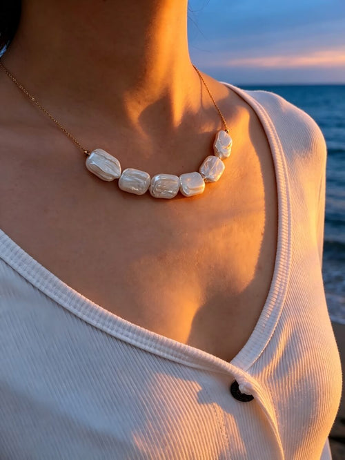 "Ethereal Ripples" Hand-Crafted Baroque Pearl Minimalist Necklace