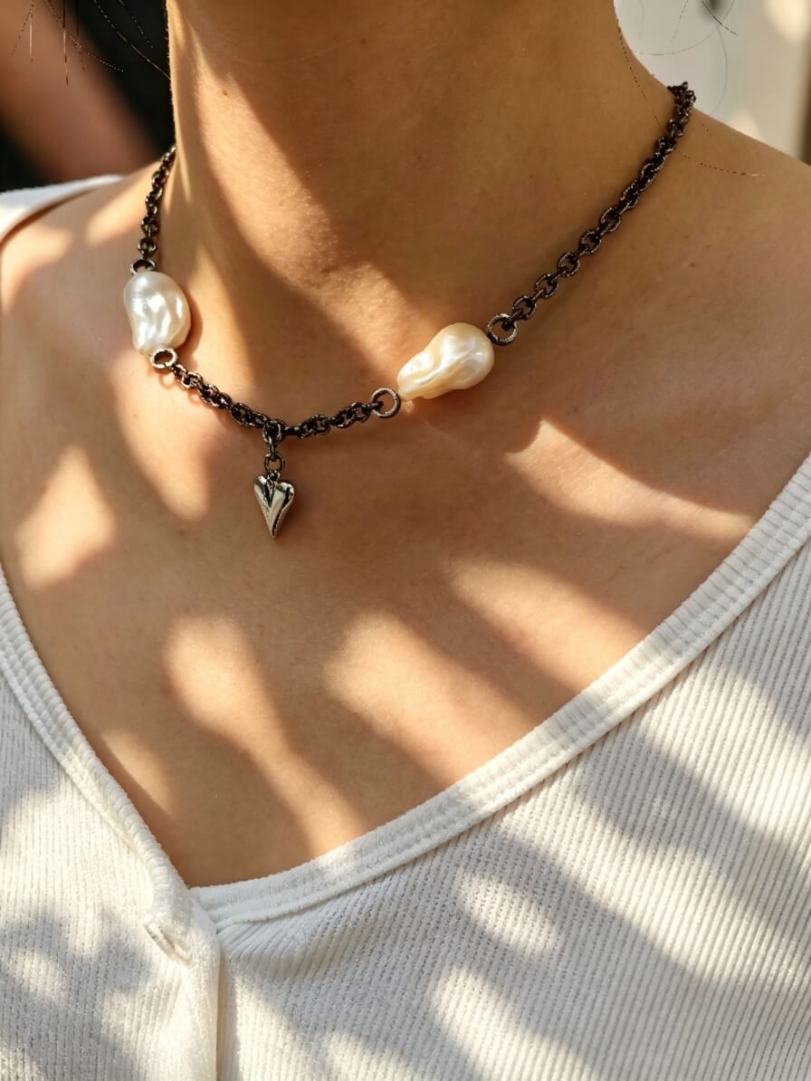 Handcrafted Baroque Pearl & Industrial Chain Choker
