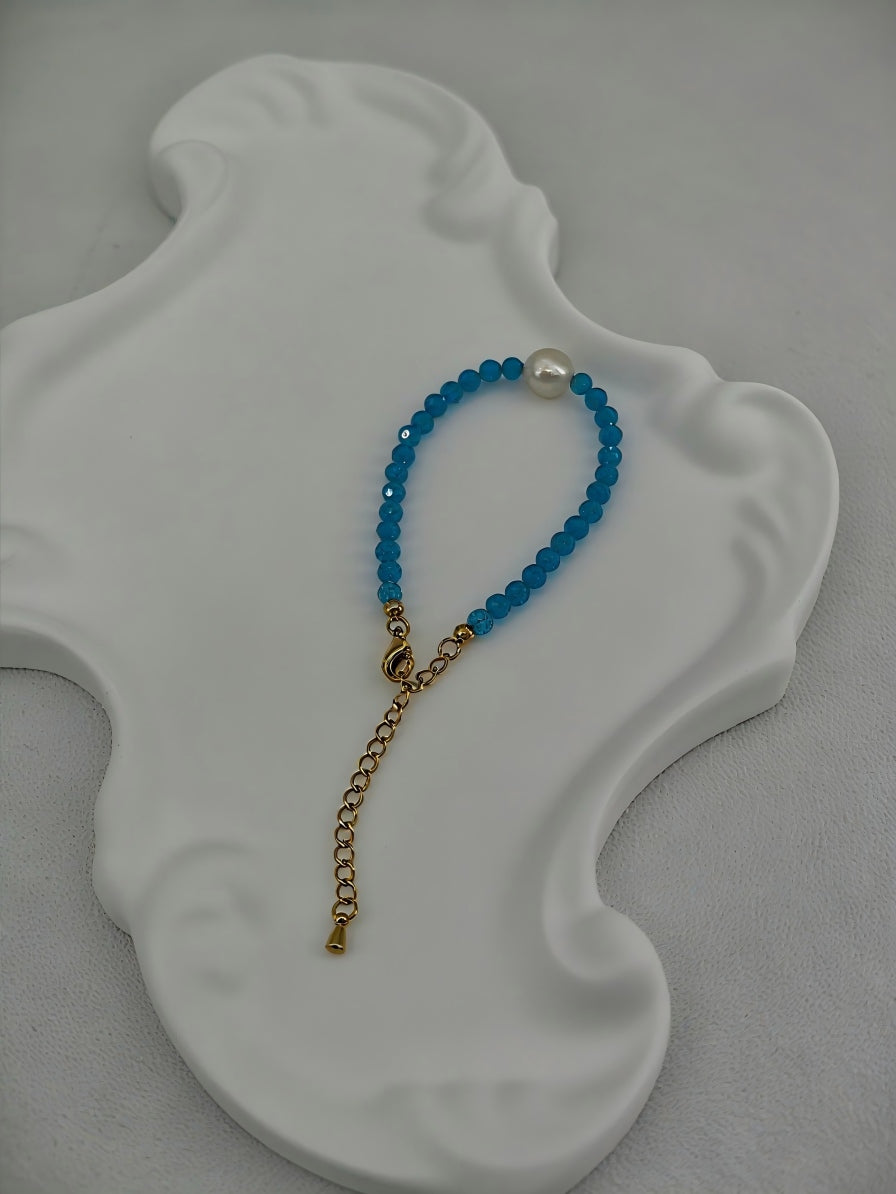 Ocean Tear | Handmade Blue Zircon & Natural Freshwater Pearl Bracelet