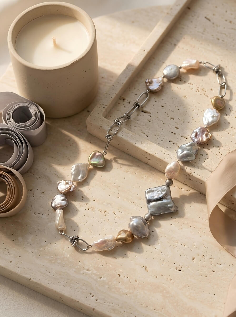 The Iridescent Tides | Artisanal Mixed Baroque Pearl & Knot Link Necklace
