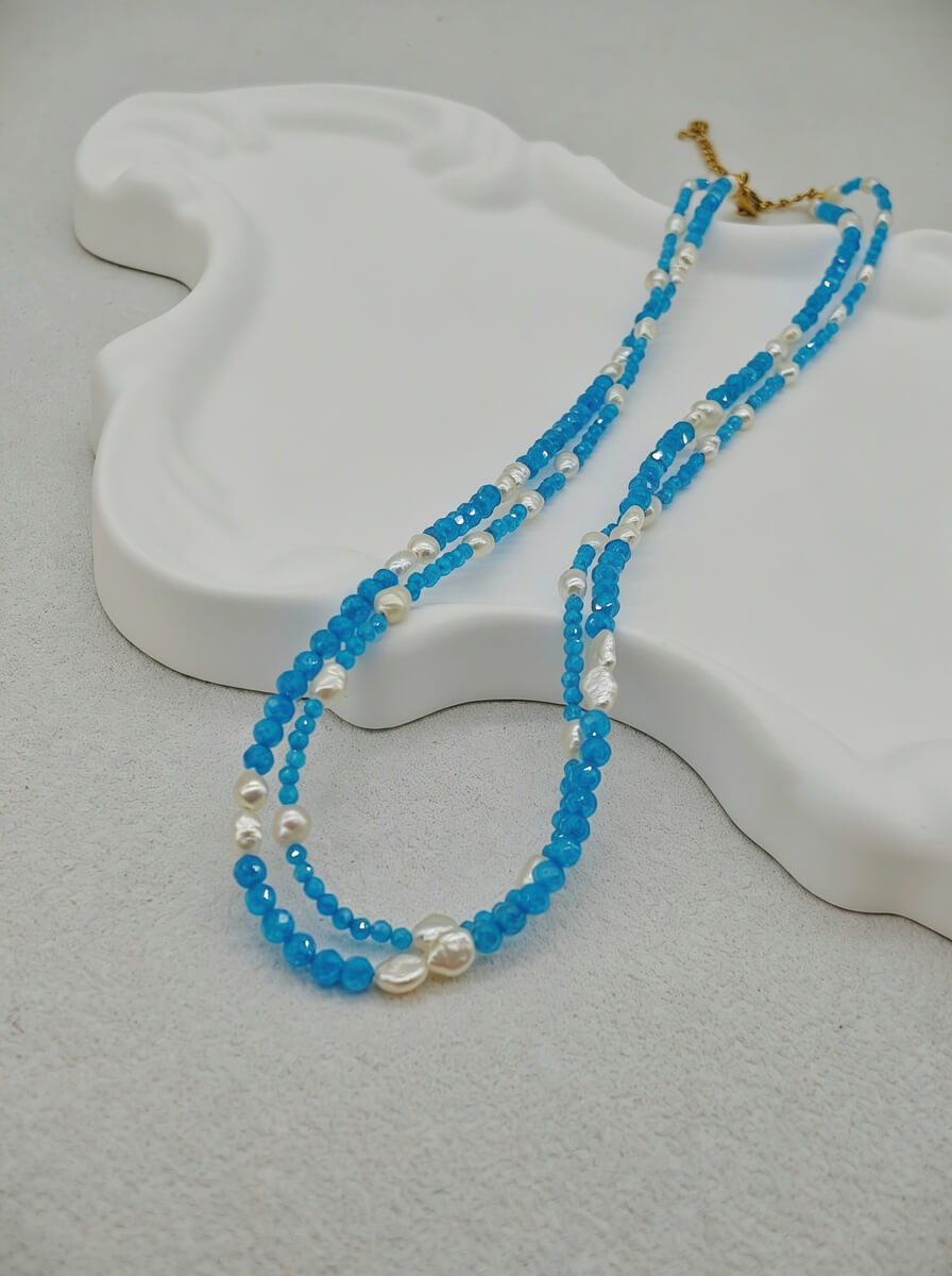 Ocean Breeze – Handmade Double-Layer Blue Zircon & Freshwater Pearl Necklace