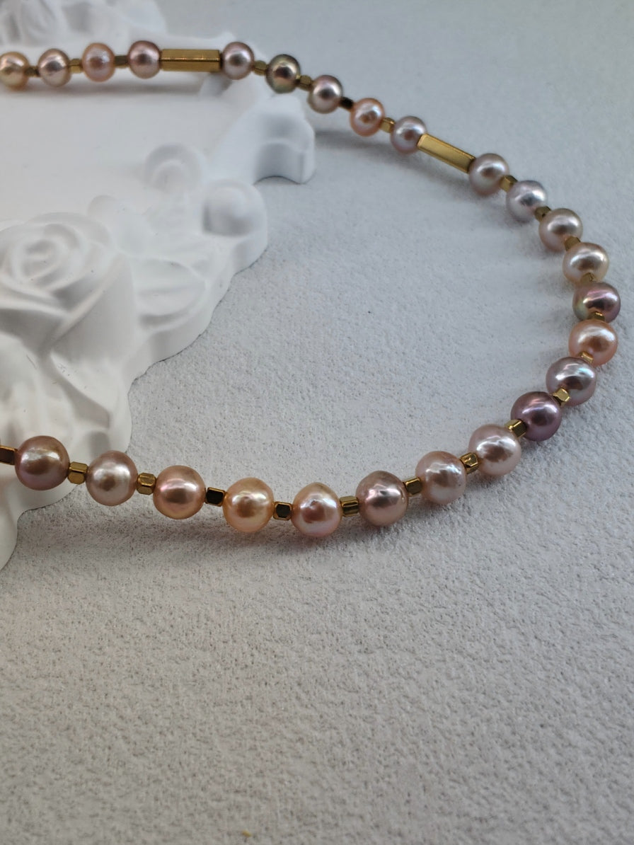 The Aurora Pastel Keshi Pearl Choker – Handmade Multi-Tone Pearl & Gold Column Necklace