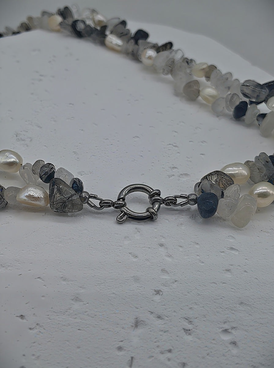 The Shadow & Light Handcrafted Tourmalinated Quartz & Baroque Pearl Choker