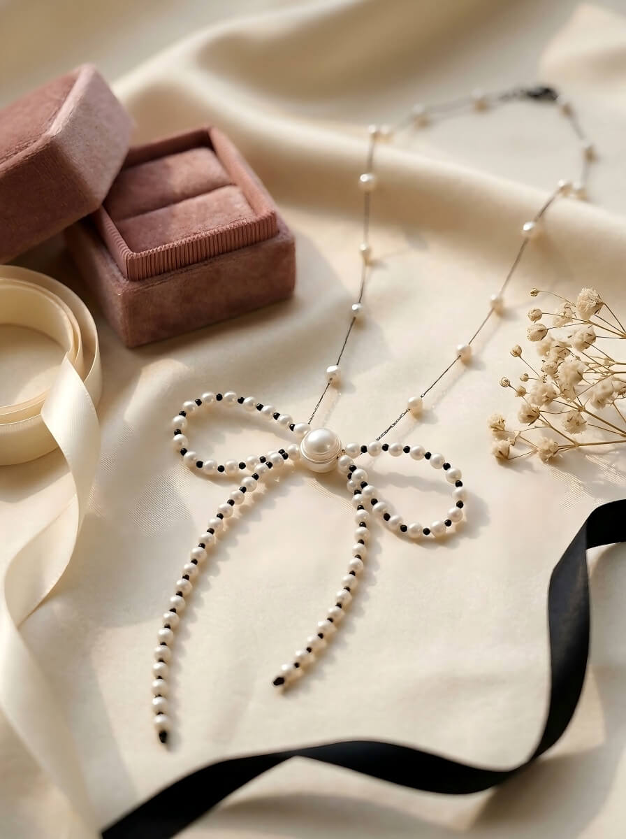 The Midnight Bow | Handcrafted Freshwater Pearl & Black Spinel Necklace