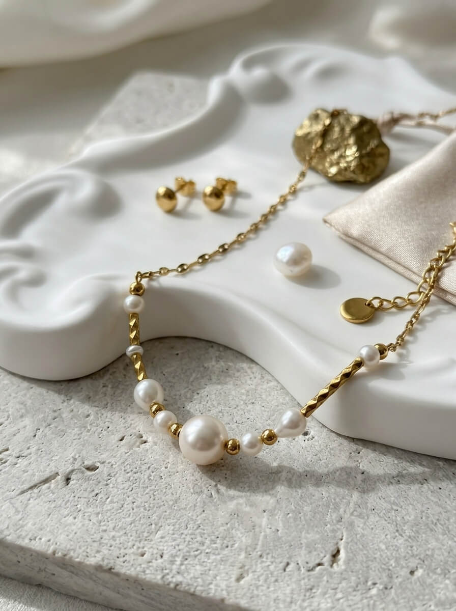 Aura Graduated Pearl & Textured Gold Chain Necklace