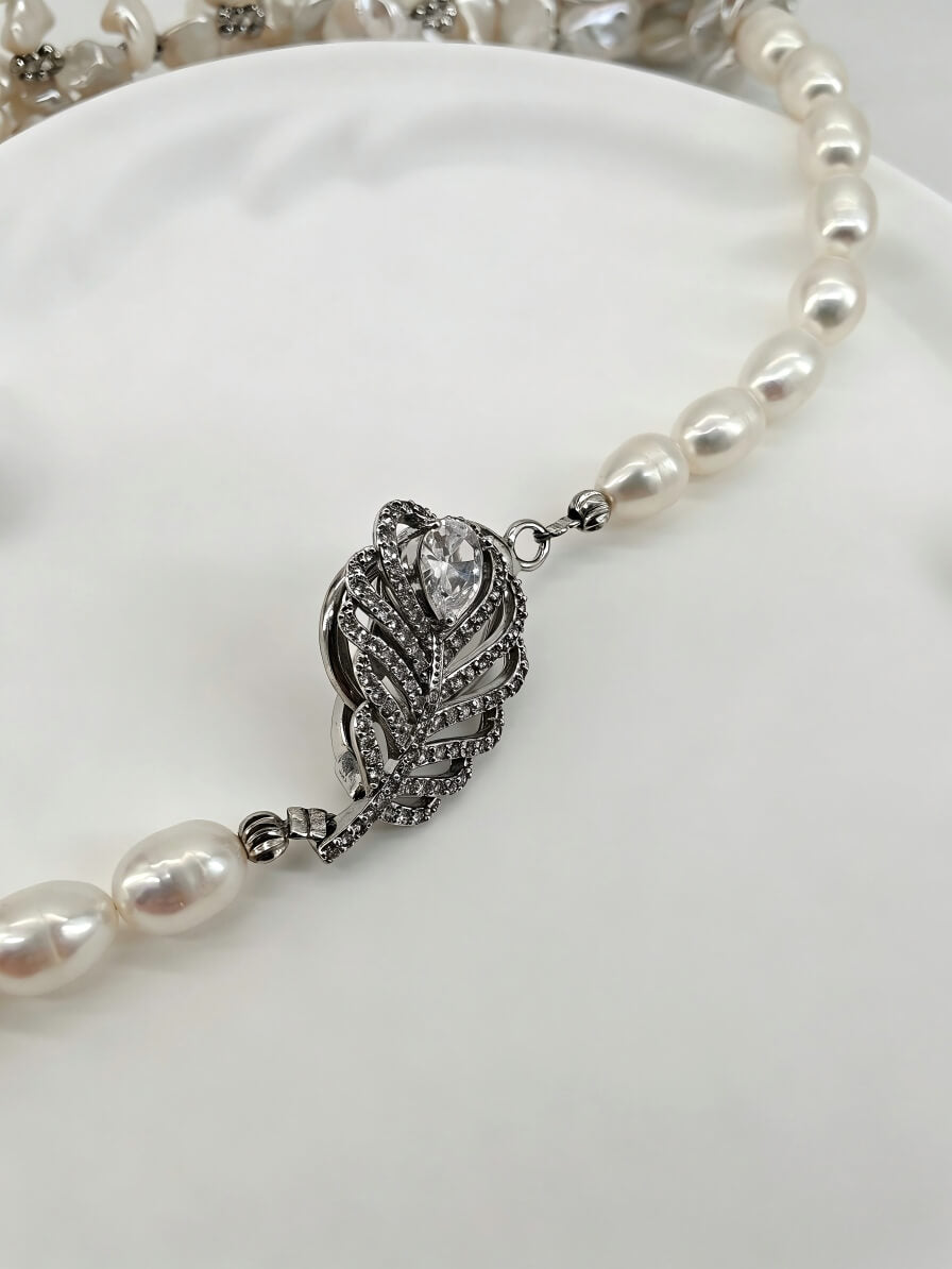 The "Ocean’s Whisper" Handmade Barque Pearl Cluster Necklace with Feather Clasp