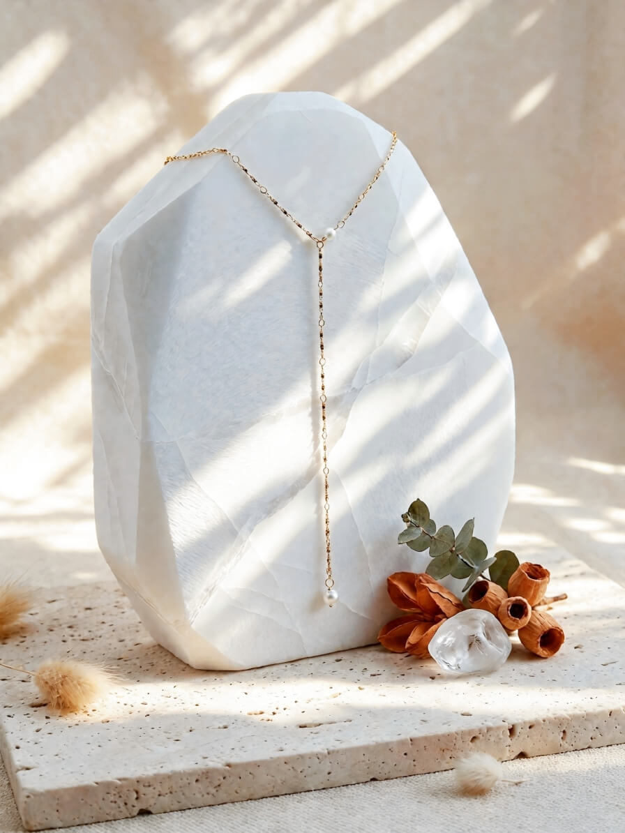 Elysian Pearl & Shimmer Chain Handcrafted Lariat Necklace