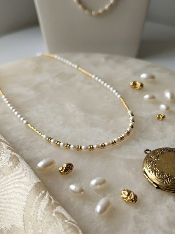 Delicate Pearl and Twisted Gold Bead Necklace