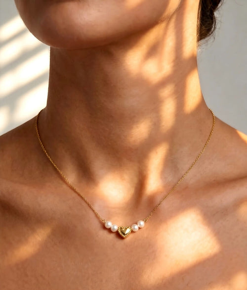 "Whispers of the Sea" — Vintage Textured Golden Heart & Natural Pearl Necklace