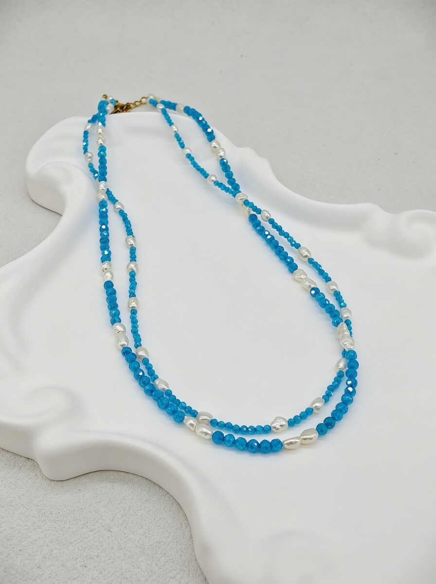 Ocean Breeze – Handmade Double-Layer Blue Zircon & Freshwater Pearl Necklace