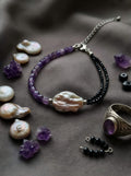 Handcrafted Asymmetric Amethyst & Black Spinel Bracelet with Keshi Baroque Pearl