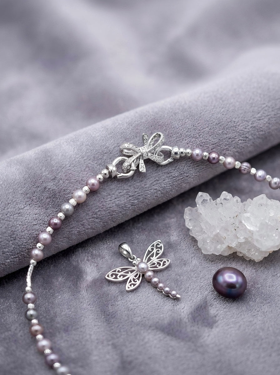 Handmade natural light purple pearl silver starry sky necklace