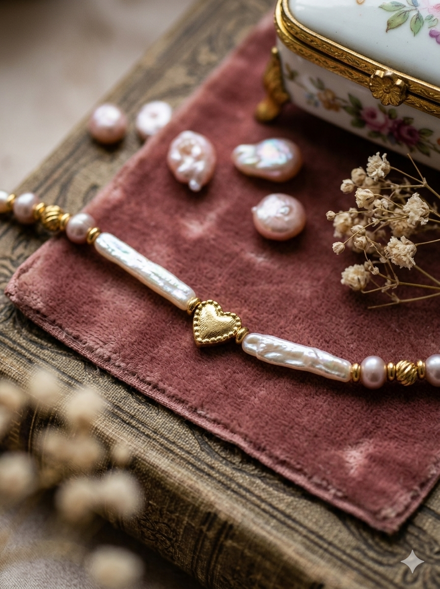 Amour Baroque – Handmade Pink Freshwater Pearl & Golden Heart Necklace