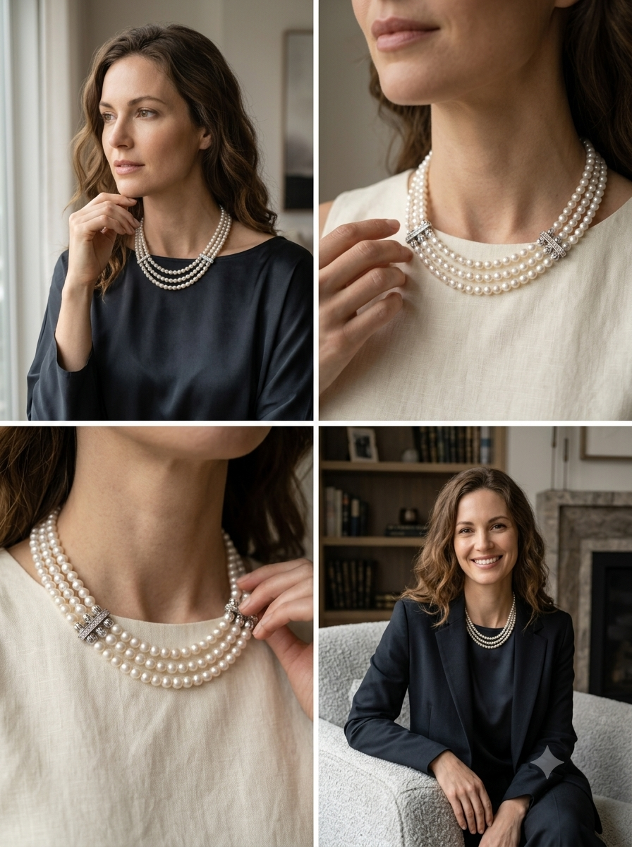 Genevieve Three-Strand Handcrafted Natural Freshwater Pearl Choker NecklaceOption