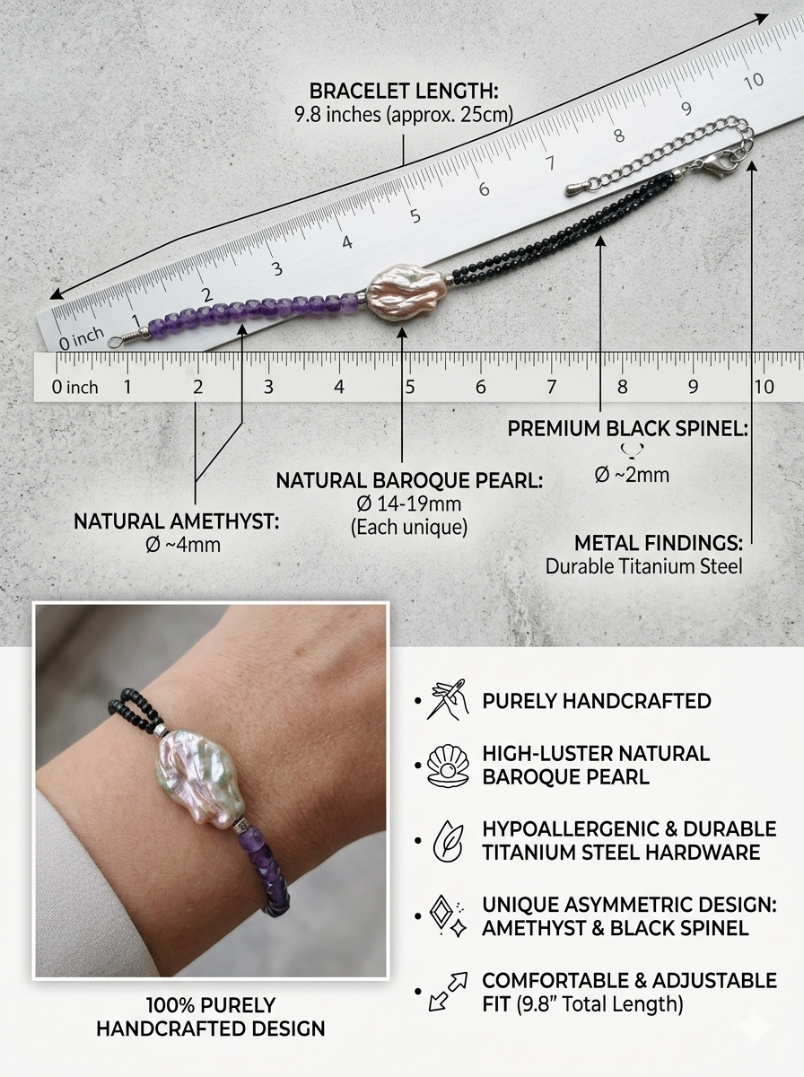 Handcrafted Asymmetric Amethyst & Black Spinel Bracelet with Keshi Baroque Pearl