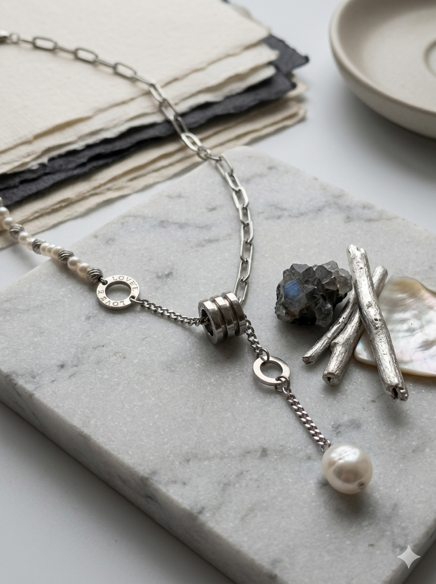 Echoes of the Sea • Asymmetric Baroque Pearl & Paperclip Chain Handmade Necklace