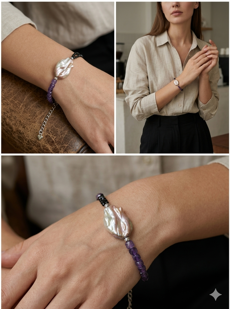 Handcrafted Asymmetric Amethyst & Black Spinel Bracelet with Keshi Baroque Pearl