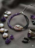 Handcrafted Asymmetric Amethyst & Black Spinel Bracelet with Keshi Baroque Pearl